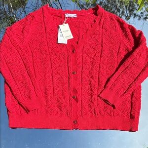 Mango Bright Red Openwork Button-Front Cardigan